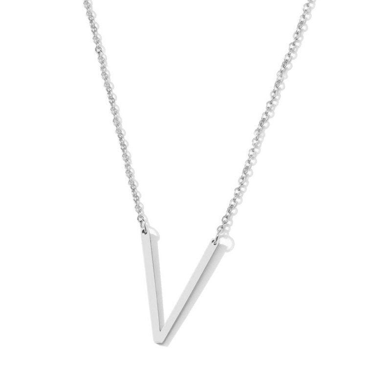 Silver Large Asymmetrical Initial Necklace, letter V.