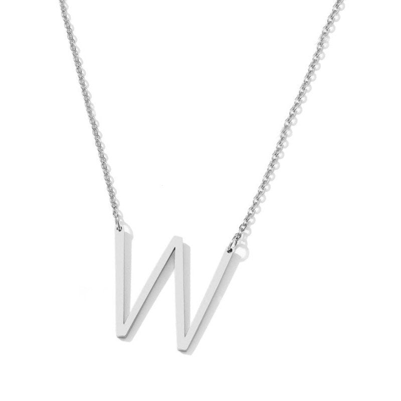 Silver Large Asymmetrical Initial Necklace, letter W.