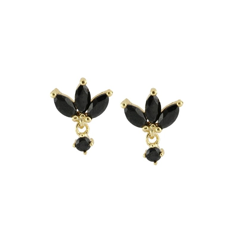 Gold art deco stud earrings with black CZ stones.