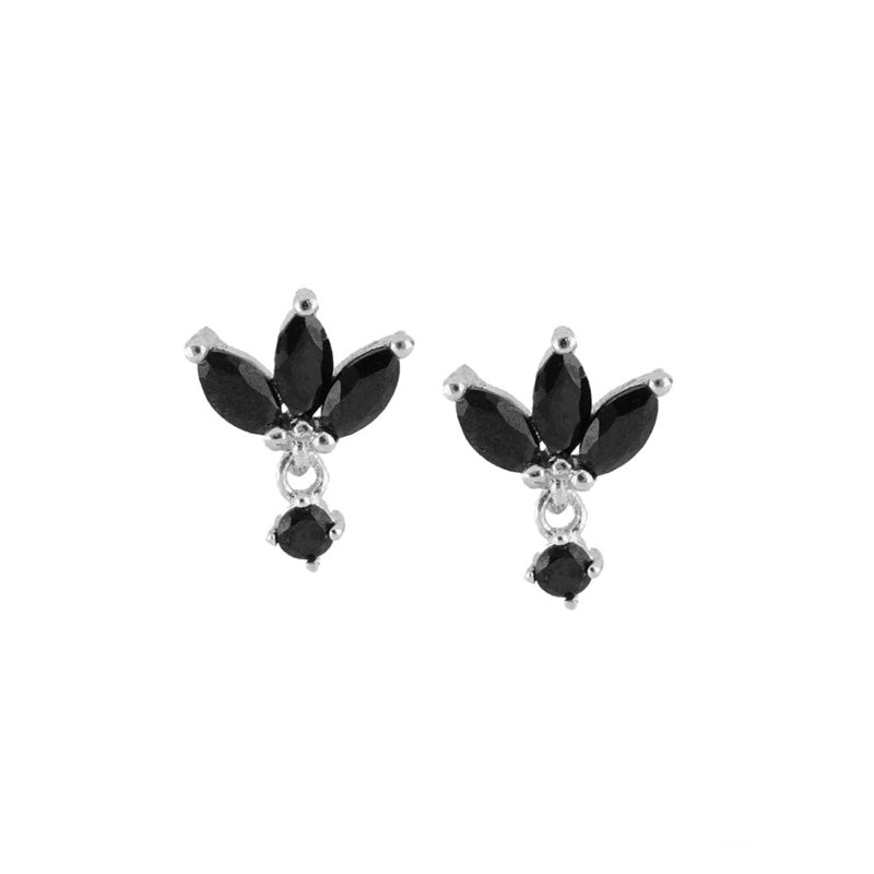 Tiny silver stud earrings with black stones.