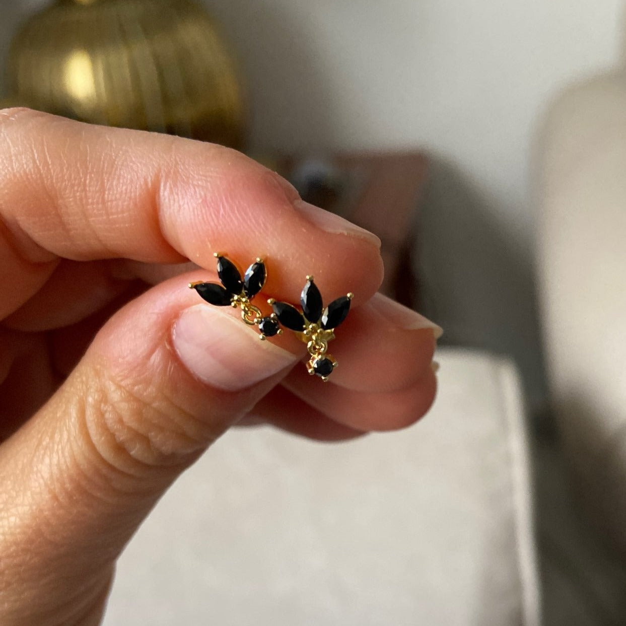 Closeup of the Laura Studs in Black Zircon.