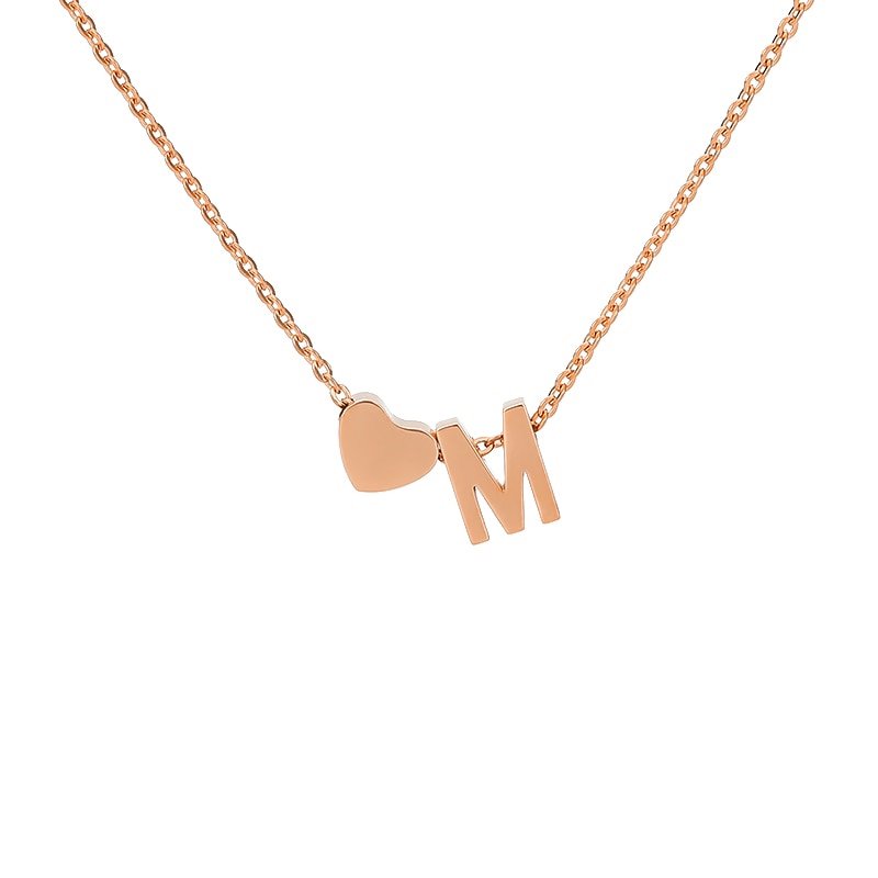 Rose Gold Heart Initial Necklace, letter M.
