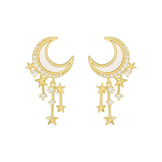 Moon Star Tassel Earrings in Gold.