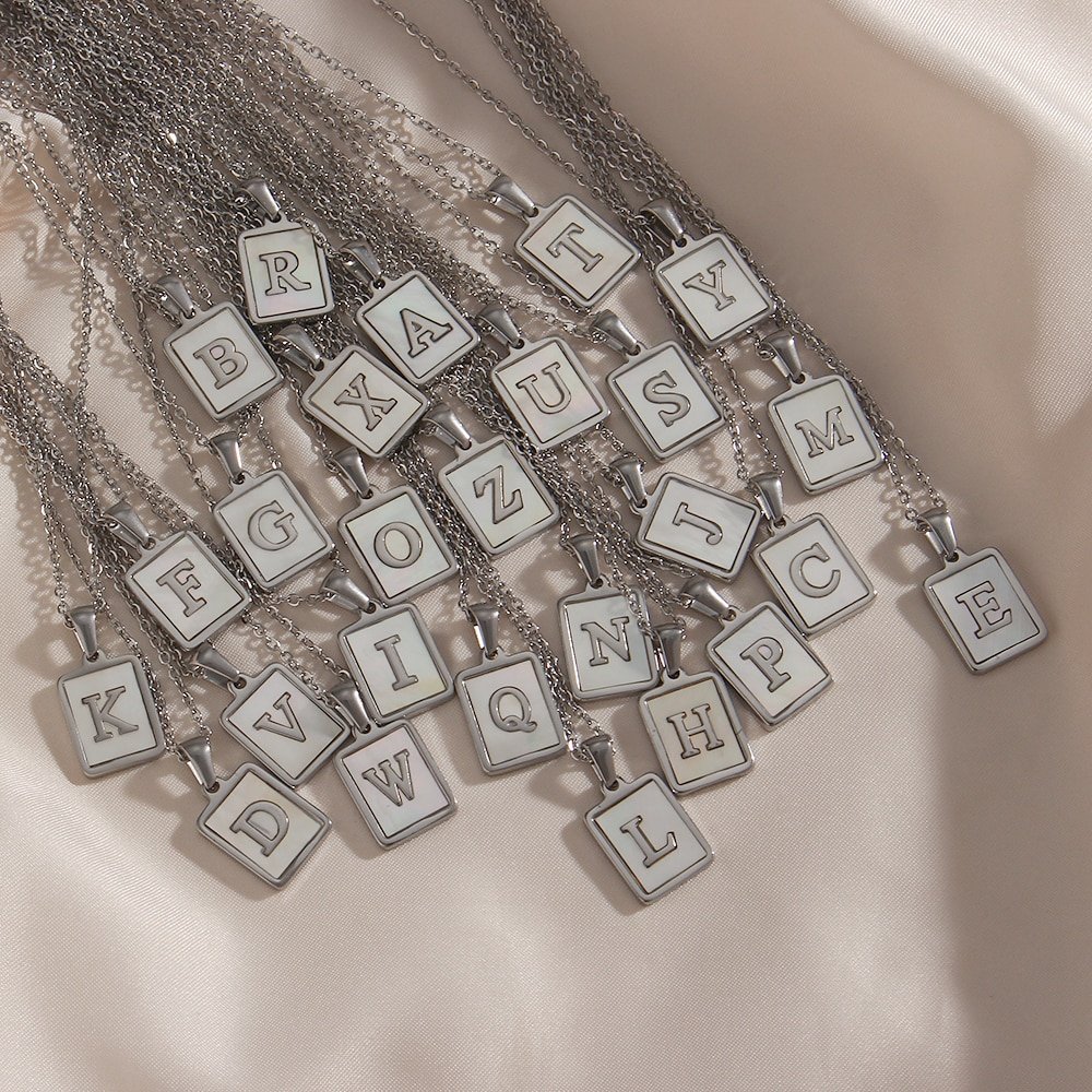 26 letters silver initial dog tag pearl necklaces.