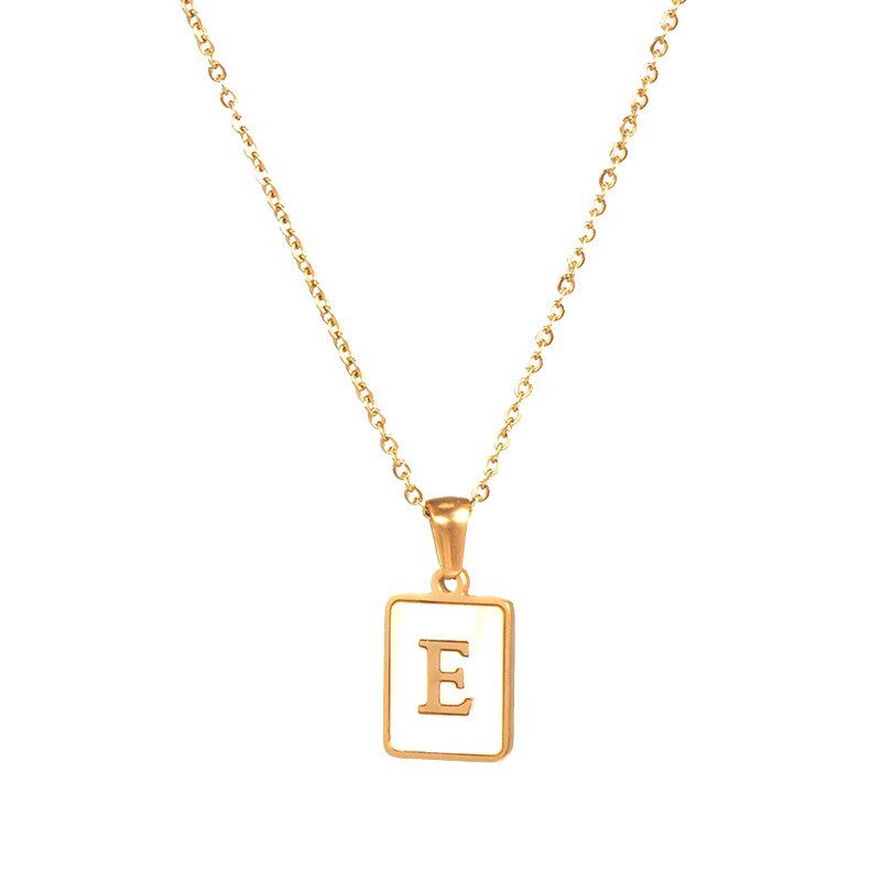 Gold Mother of Pearl Monogram Necklace, Letter E.