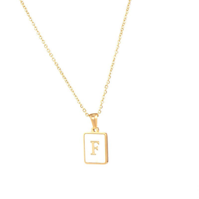 Gold Mother of Pearl Monogram Necklace, Letter F.