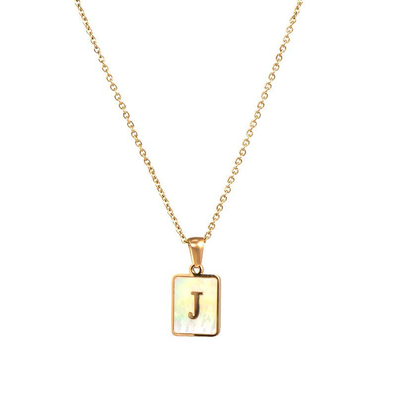 Gold Mother of Pearl Monogram Necklace, Letter J.