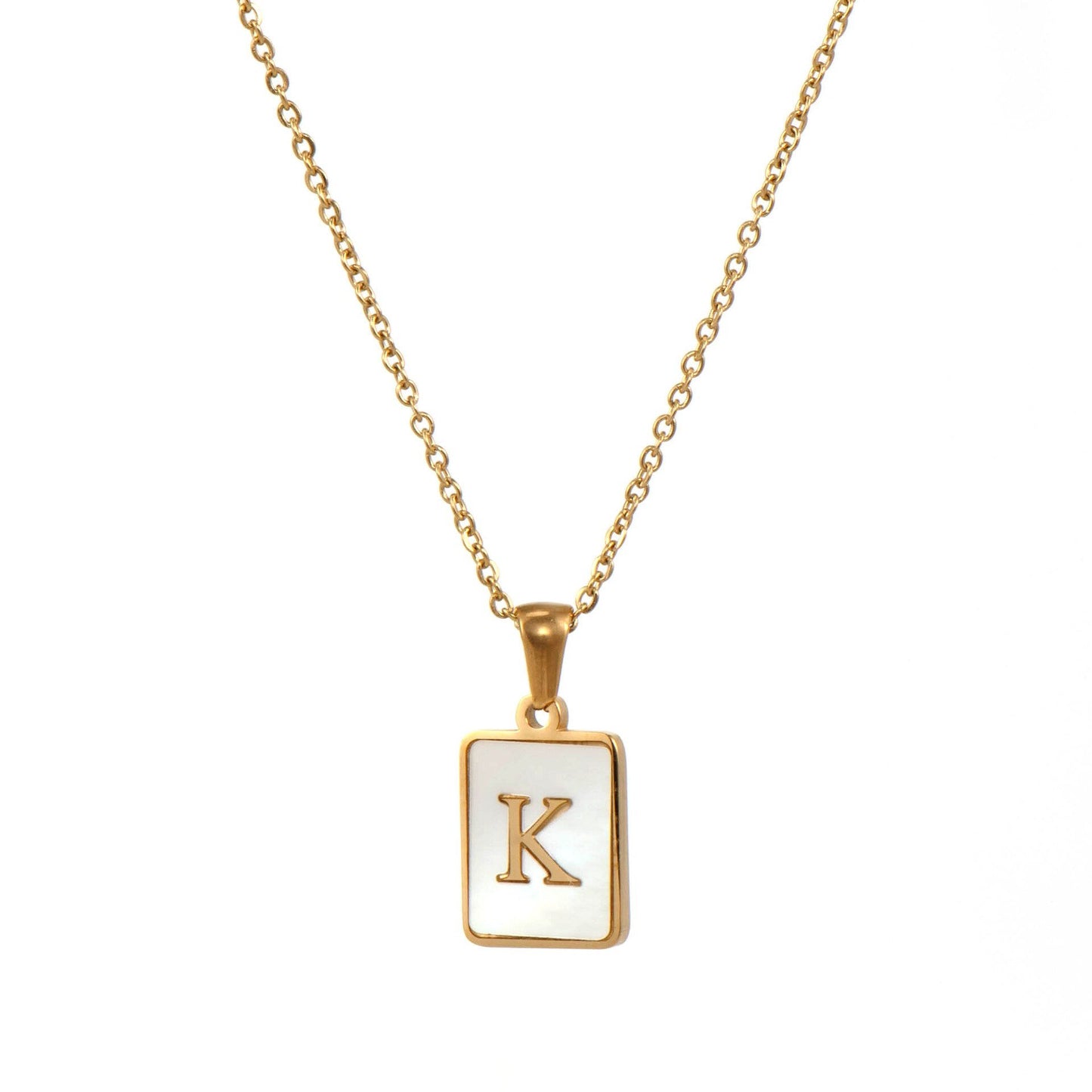 Gold Mother of Pearl Monogram Necklace, Letter K.