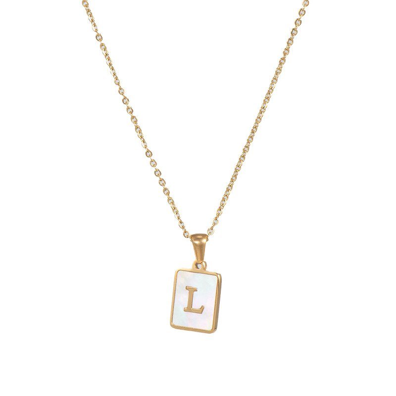 Gold Mother of Pearl Monogram Necklace, Letter L.