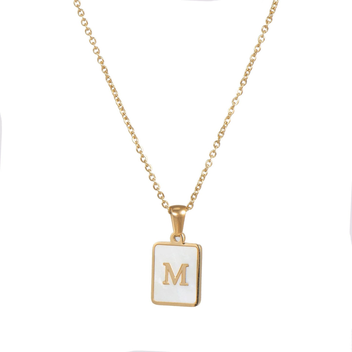 Gold Mother of Pearl Monogram Necklace, Letter M.