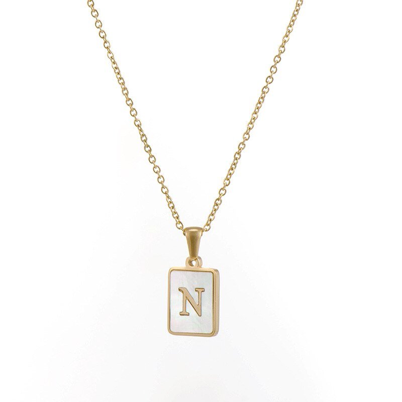 Gold Mother of Pearl Monogram Necklace, Letter N.
