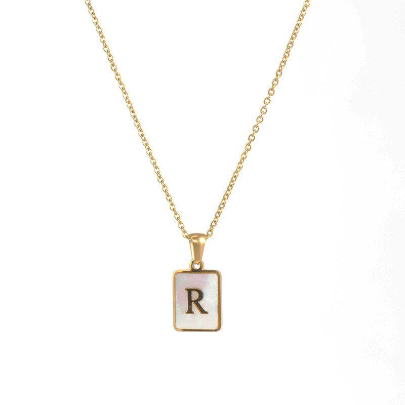 Gold Mother of Pearl Monogram Necklace, Letter R.