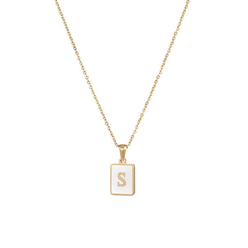 Gold Mother of Pearl Monogram Necklace, Letter S.