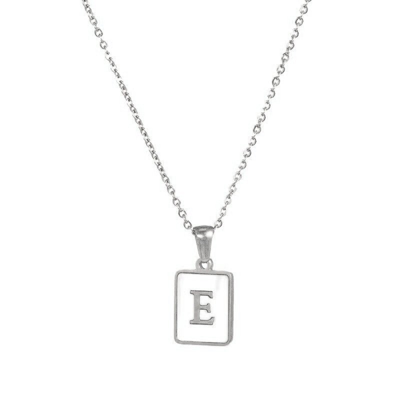 Silver Mother of Pearl Monogram Necklace, Letter E.