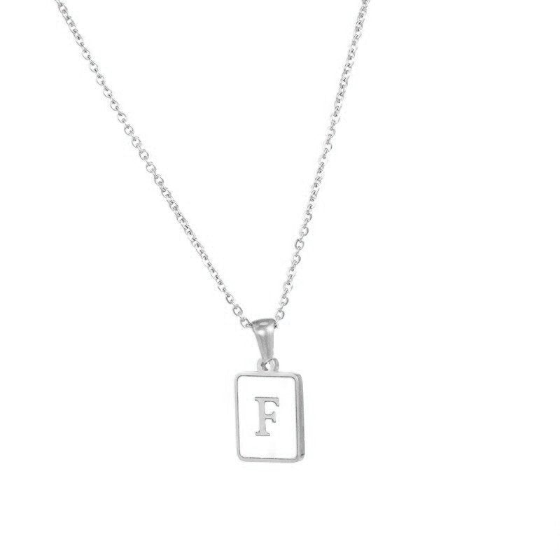 Silver Mother of Pearl Monogram Necklace, Letter F.