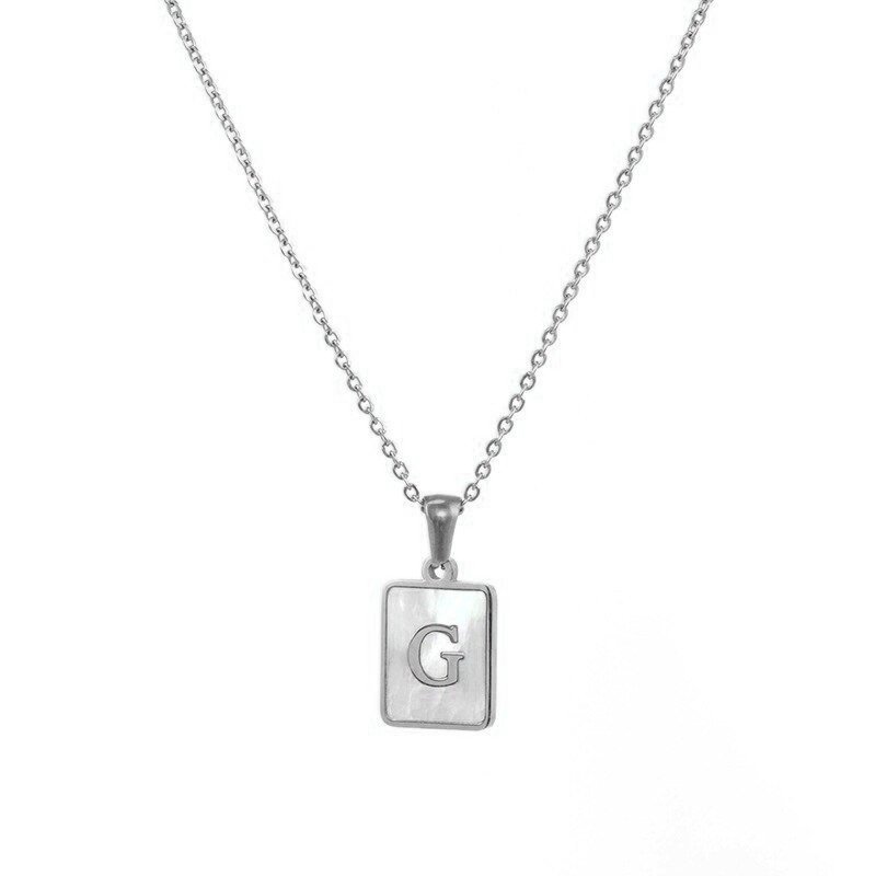 Silver Mother of Pearl Monogram Necklace, Letter G.