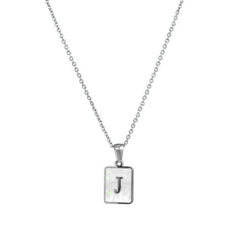 Silver Mother of Pearl Monogram Necklace, Letter J.