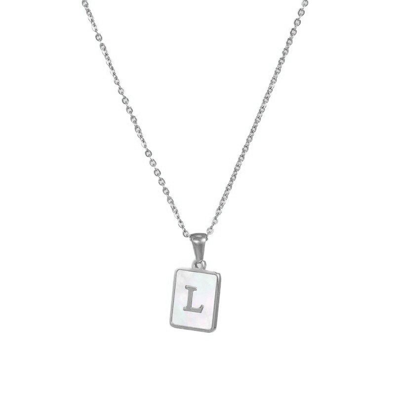 Silver Mother of Pearl Monogram Necklace, Letter L.