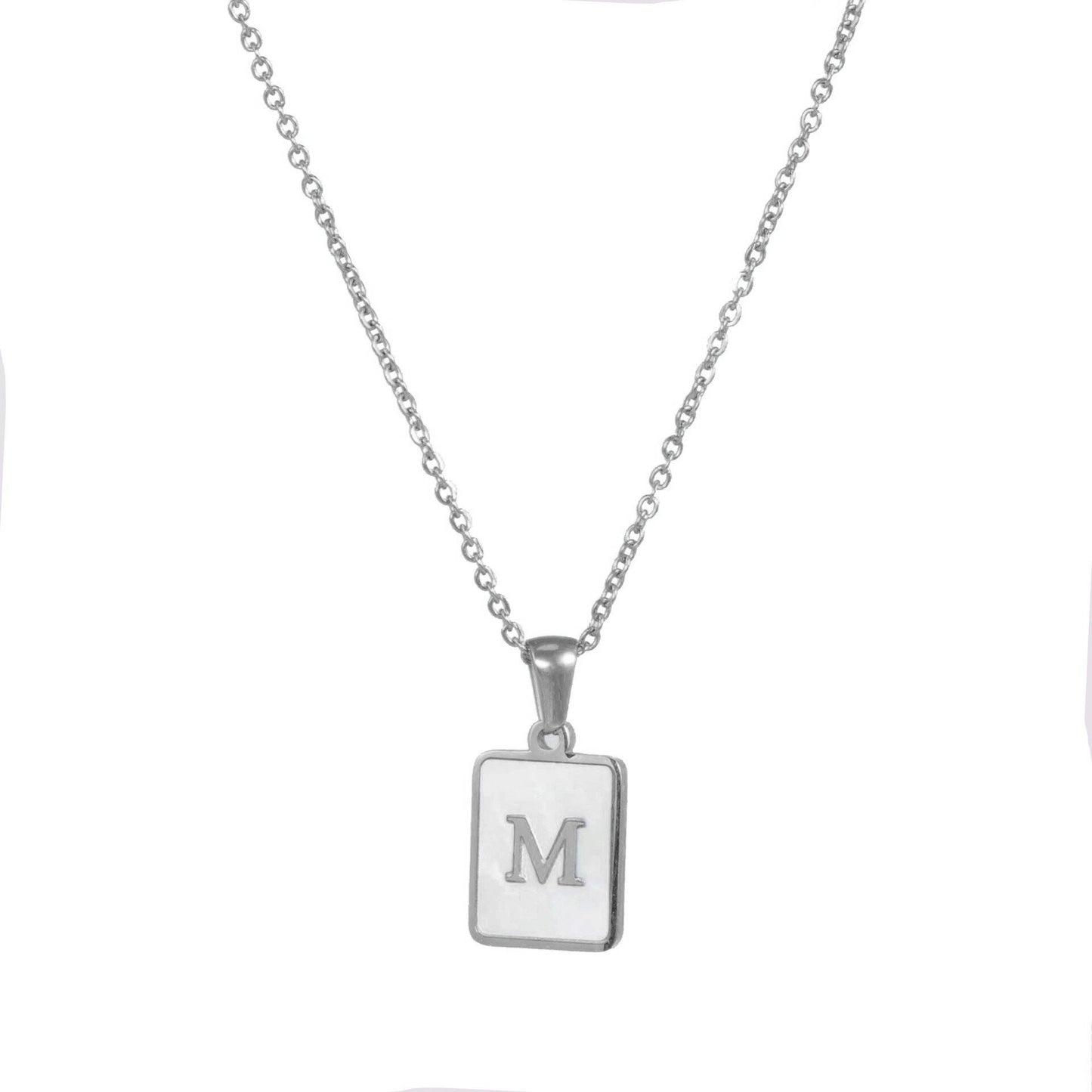 Silver Mother of Pearl Monogram Necklace, Letter M.