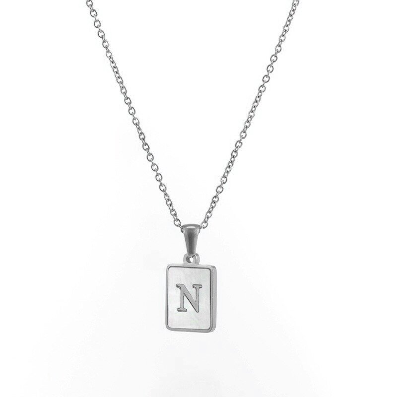 Silver Mother of Pearl Monogram Necklace, Letter N.