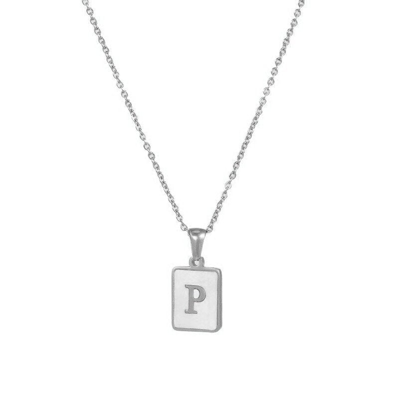 Silver Mother of Pearl Monogram Necklace, Letter P.