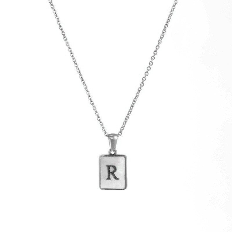 Silver Mother of Pearl Monogram Necklace, Letter R.