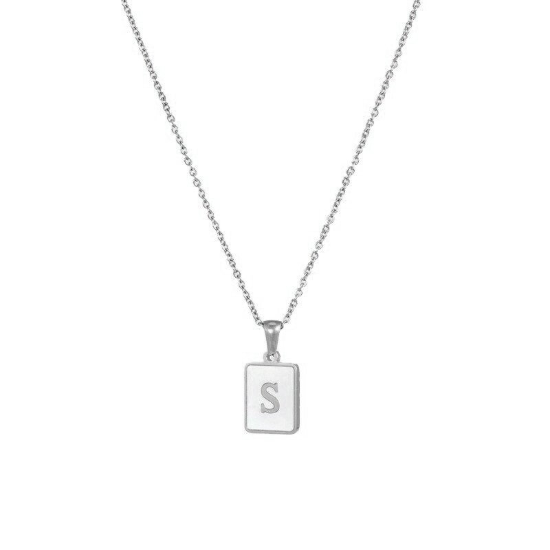 Silver Mother of Pearl Monogram Necklace, Letter S.