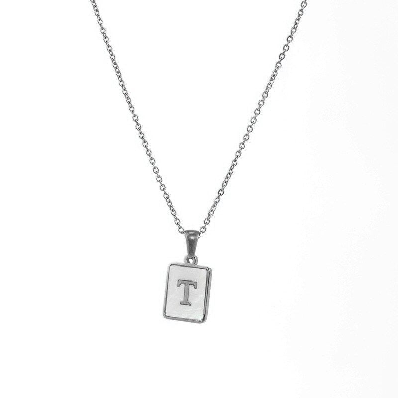Silver Mother of Pearl Monogram Necklace, Letter T.