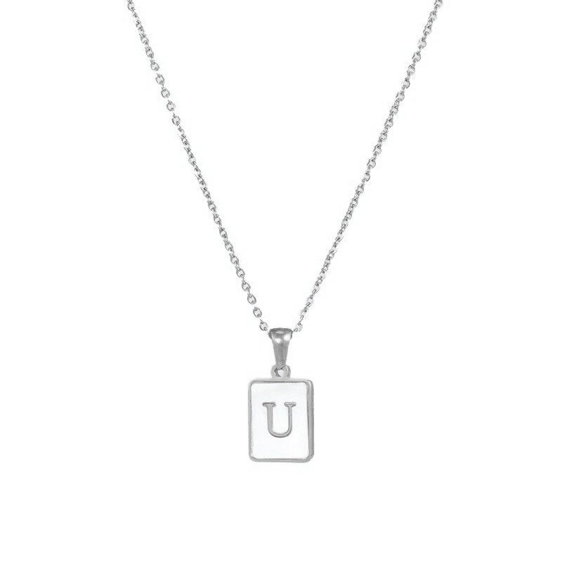 Silver Mother of Pearl Monogram Necklace, Letter U.