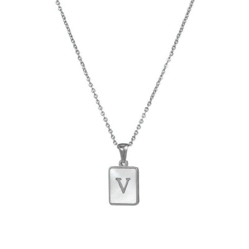 Silver Mother of Pearl Monogram Necklace, Letter V.