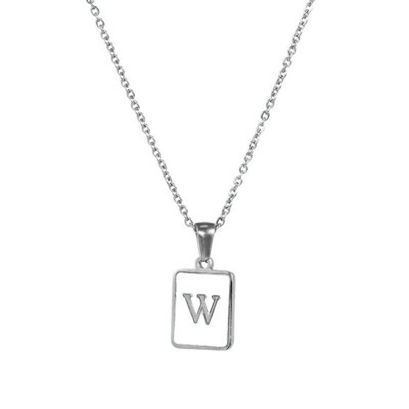 Silver Mother of Pearl Monogram Necklace, Letter W.