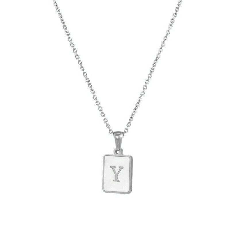 Silver Mother of Pearl Monogram Necklace, Letter Y.