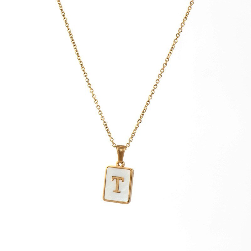 Gold Mother of Pearl Monogram Necklace, Letter T.