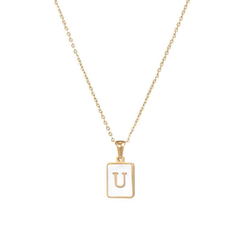 Gold Mother of Pearl Monogram Necklace, Letter U.