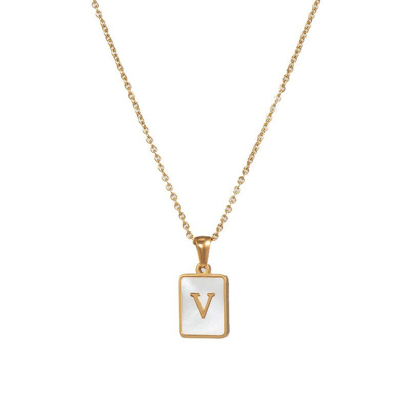 Gold Mother of Pearl Monogram Necklace, Letter V.