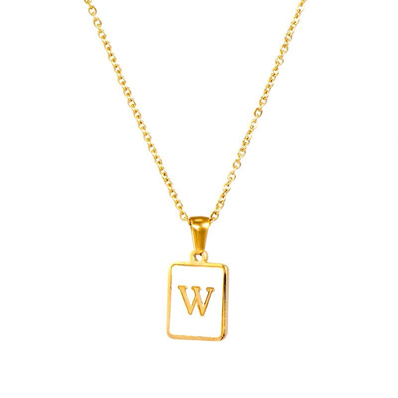 Gold Mother of Pearl Monogram Necklace, Letter W.