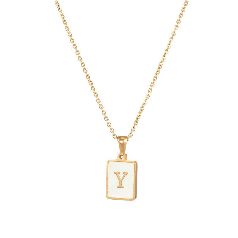 Gold Mother of Pearl Monogram Necklace, Letter Y.