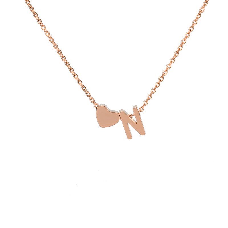 Rose Gold Heart Initial Necklace, letter N.