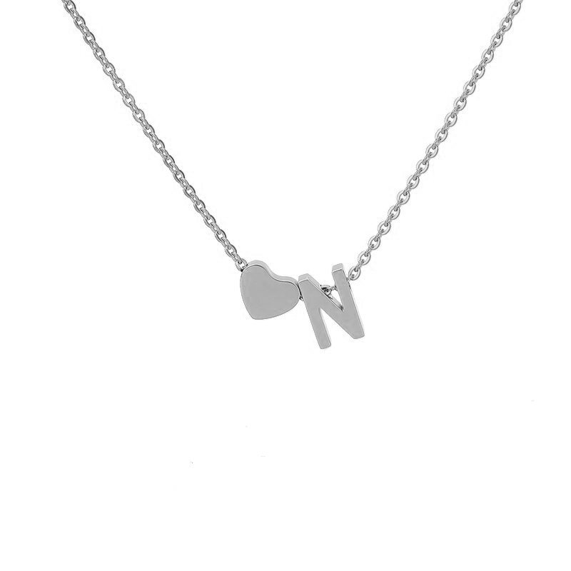 Silver Heart Initial Necklace, letter N.