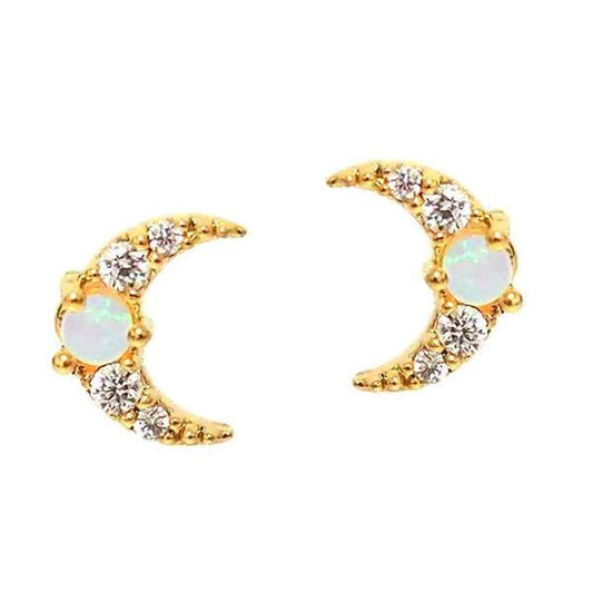 Opal Crescent Moon Gold Earrings.