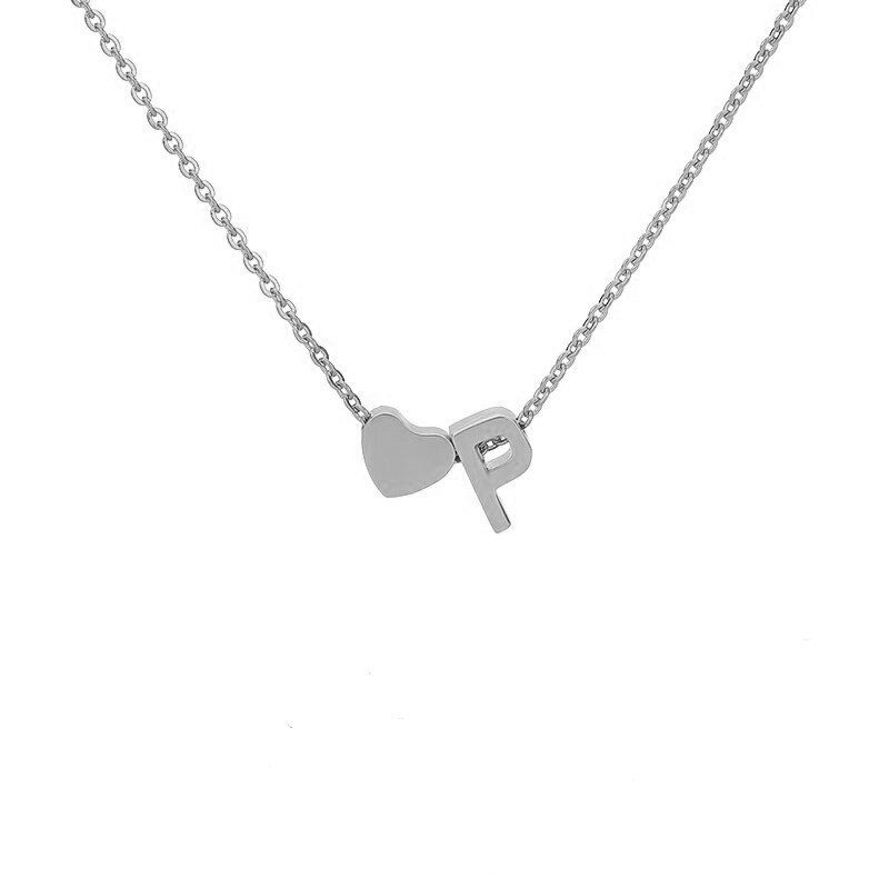 Silver Heart Initial Necklace, letter P.