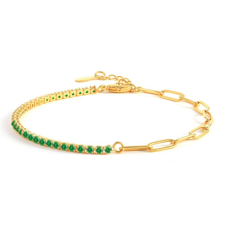 Green Paperclip CZ Tennis Gold Bracelet.