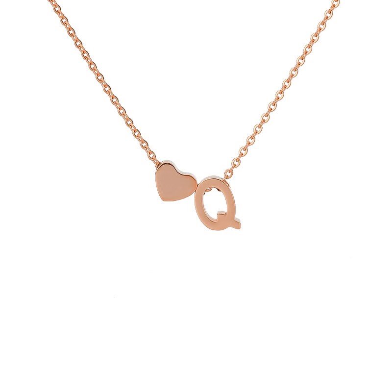 Rose Gold Heart Initial Necklace, letter Q.