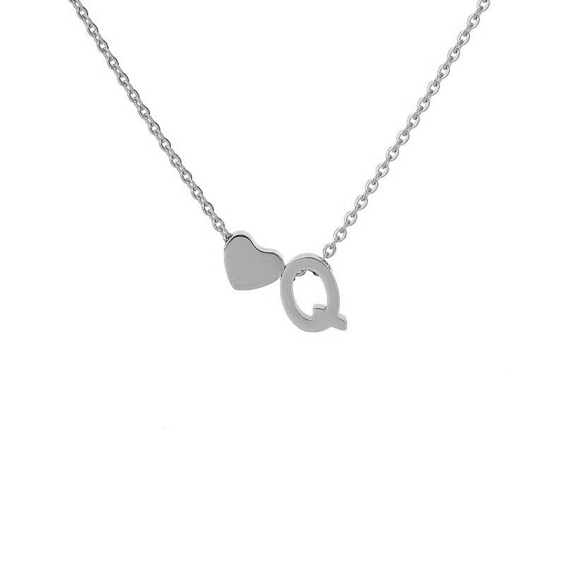 Silver Heart Initial Necklace, letter Q.