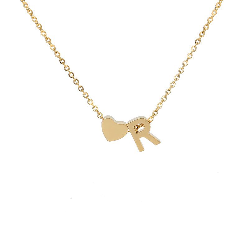Gold Heart Initial Necklace, letter R.