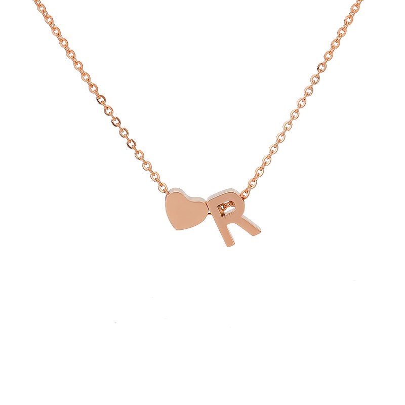Rose Gold Heart Initial Necklace, letter R.