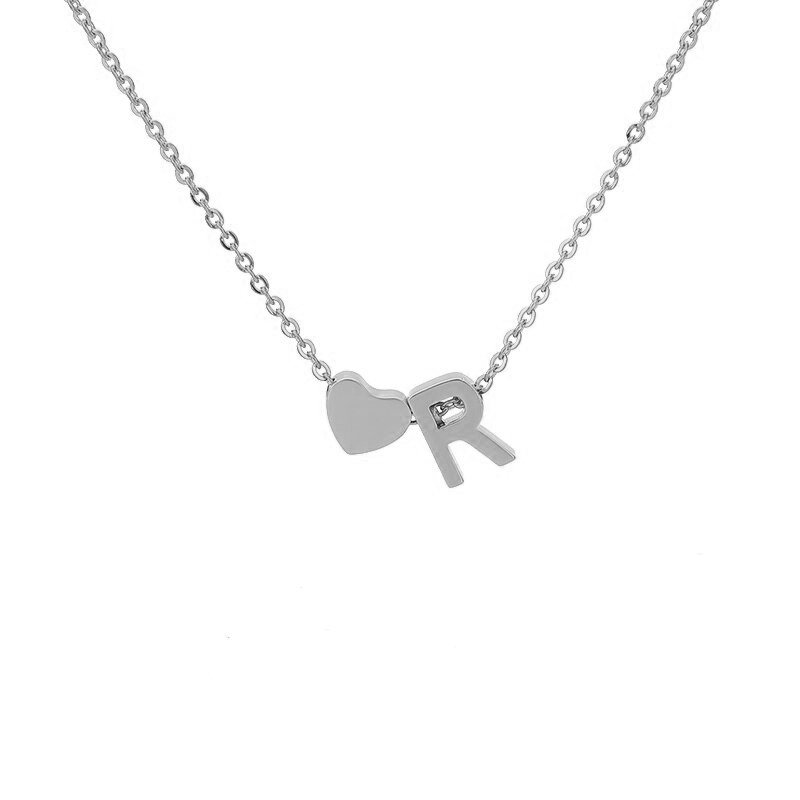 Silver Heart Initial Necklace, letter R.