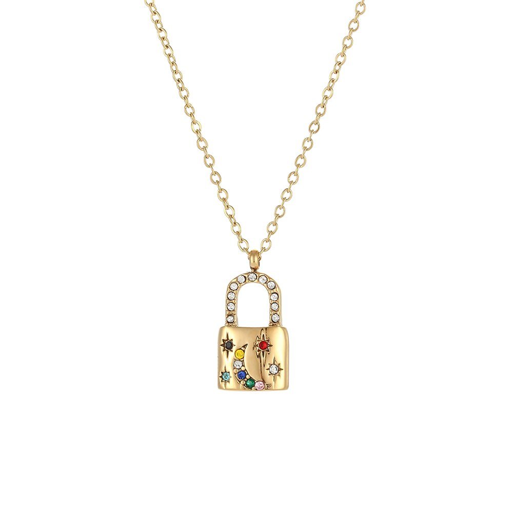 Rainbow Moon Gold Padlock Necklace.