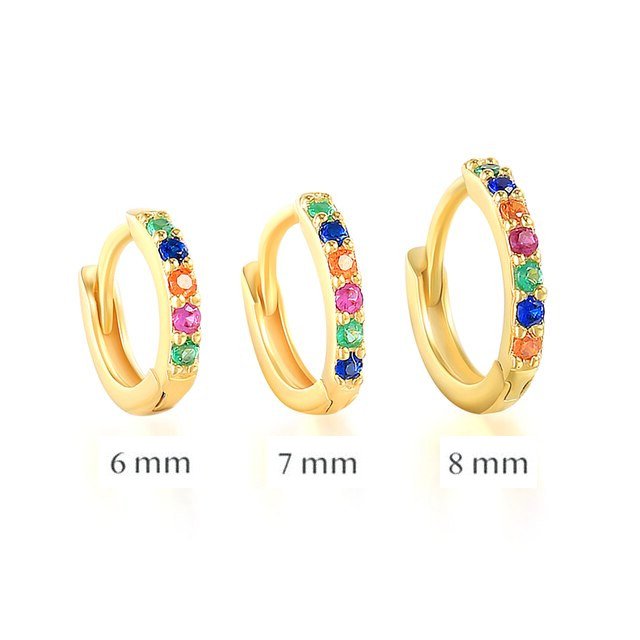 Gold Rainbow Zirconia Huggies in multiple sizes.