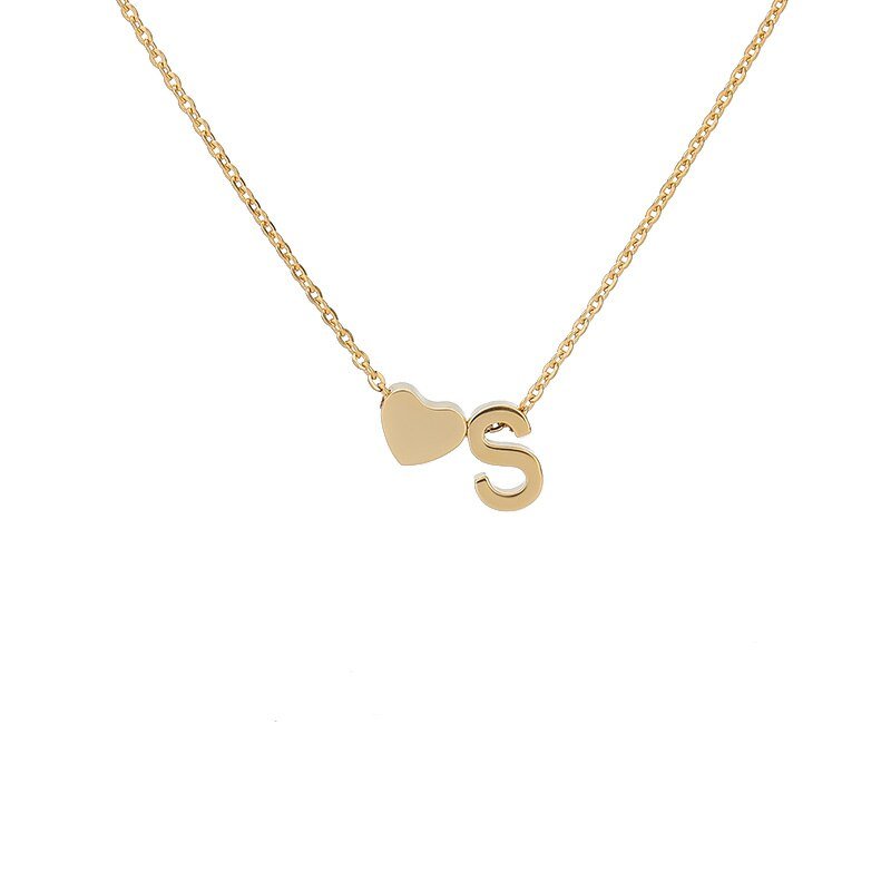Gold Heart Initial Necklace, letter S.
